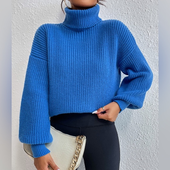 Sweaters - Turtle neck pull over rib knit long sleeve sweater blue
